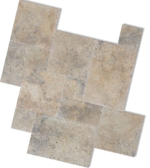 antique and rustic coloured travertine paving in french pattern