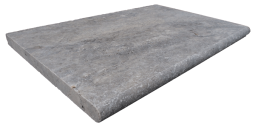 Bullnosed grey pool coping tile with rounded edge on one long side