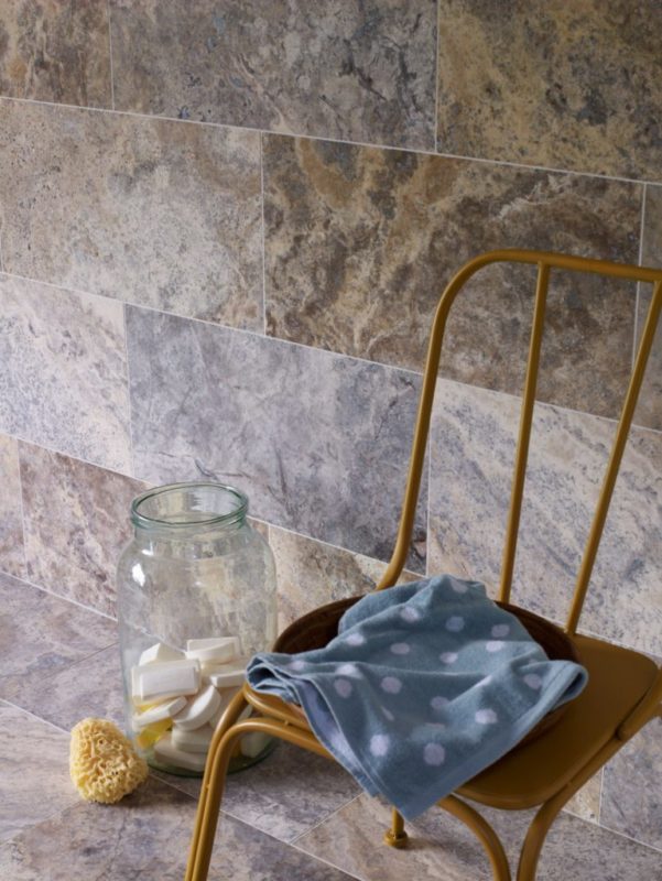 Floor to wall bathroom tiles in grey travertine